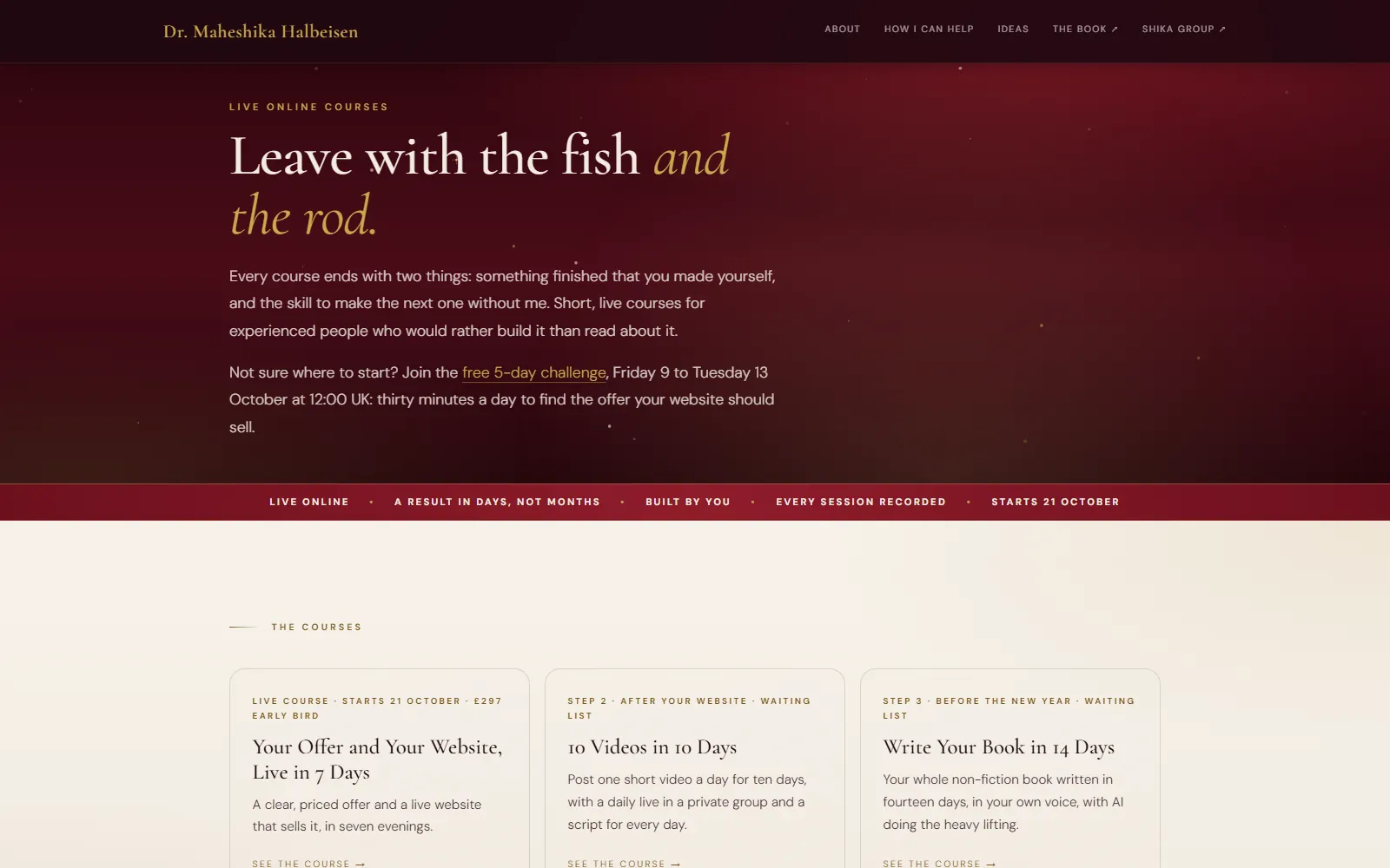The courses page on maheshika.com, listing the three live courses